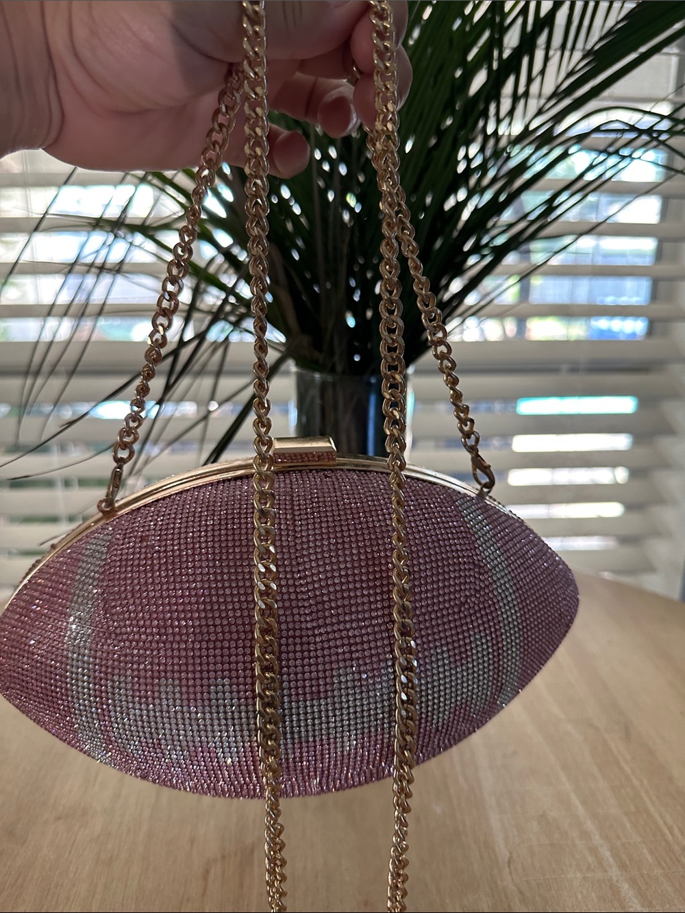 Bling Pink crystal  rhinestone  Football Clutch with Gold Chain